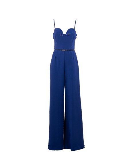 Shop ELISABETTA FRANCHI  Suit: Elisabetta Franchi crepe jumpsuit with satin bow.
She lining in monogram satin.
Invisible zip on the back.
Adjustable straps.
Removable belt.
Composition: 95% Polyester, 5% Elastane.
Made in Italy.. TU02942E2-828